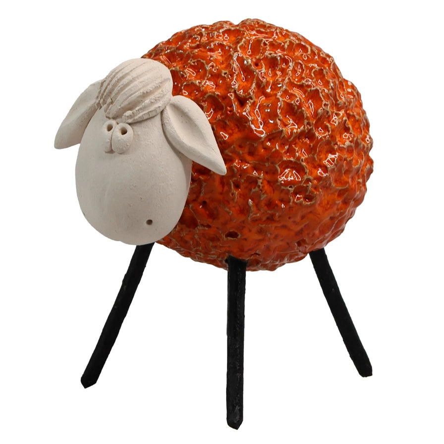 Handcrafted Orange Ceramic Woolly Sheep with Iron Legs