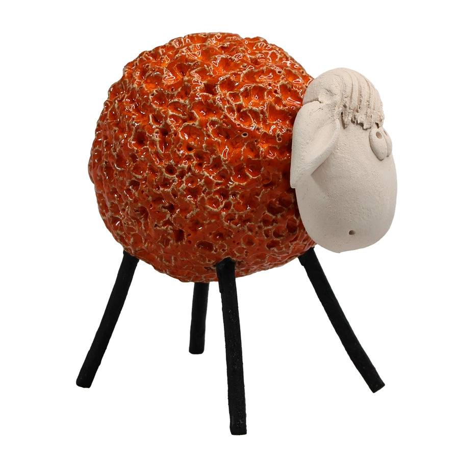 Handcrafted Orange Ceramic Woolly Sheep with Iron Legs