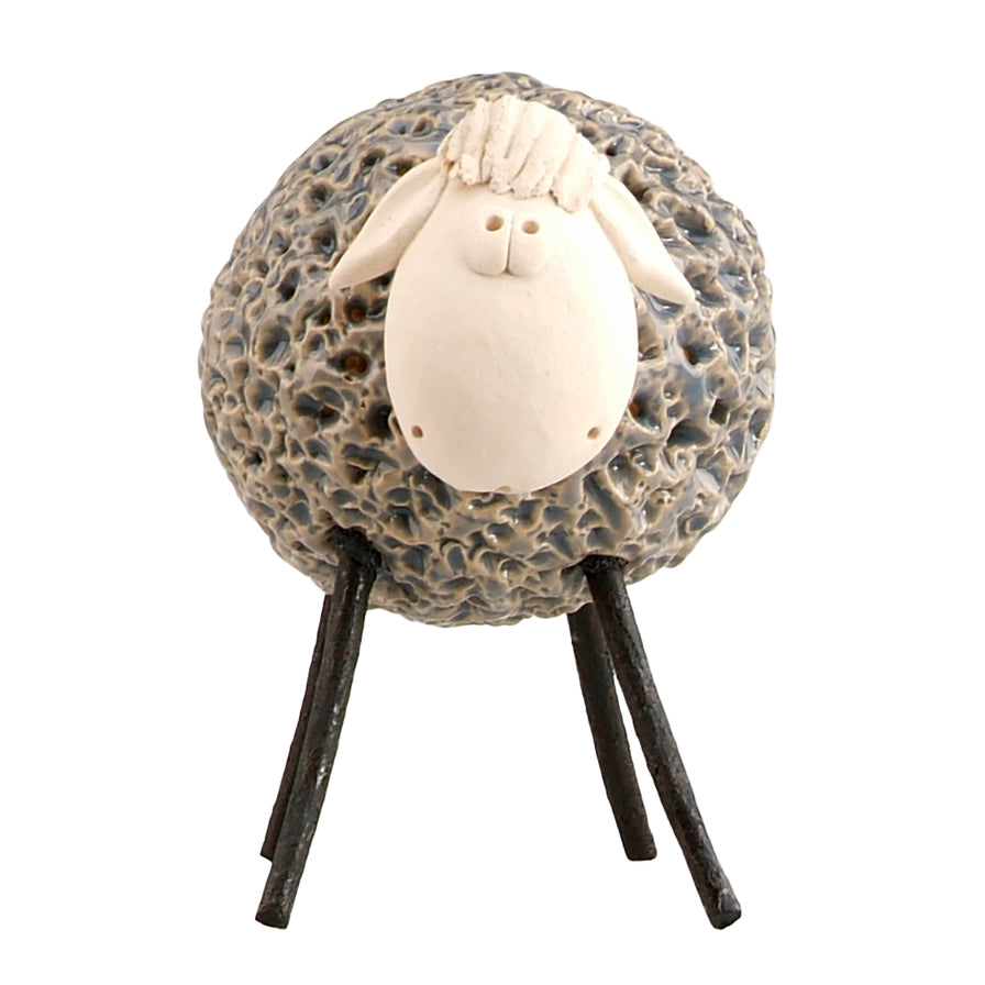 Handcrafted Grey Ceramic Woolly Sheep with Iron Legs