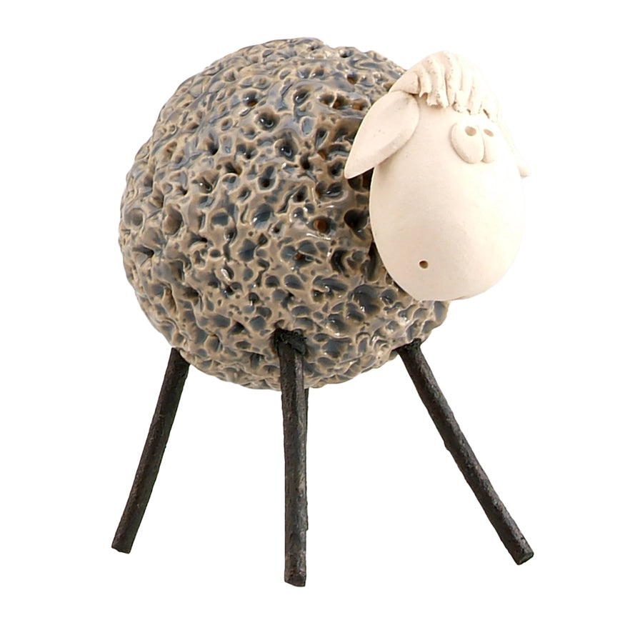 Handcrafted Grey Ceramic Woolly Sheep with Iron Legs
