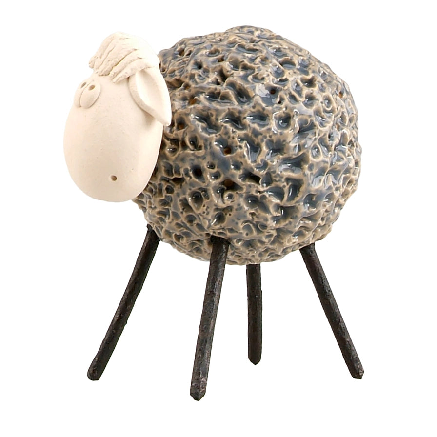 Handcrafted Grey Ceramic Woolly Sheep with Iron Legs