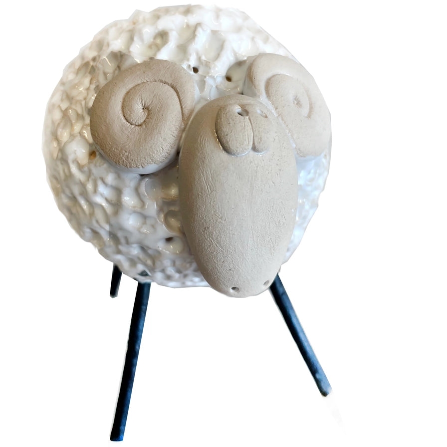 Handcrafted White Ceramic Woolly Ram with Soft Wool Texture and Iron Legs