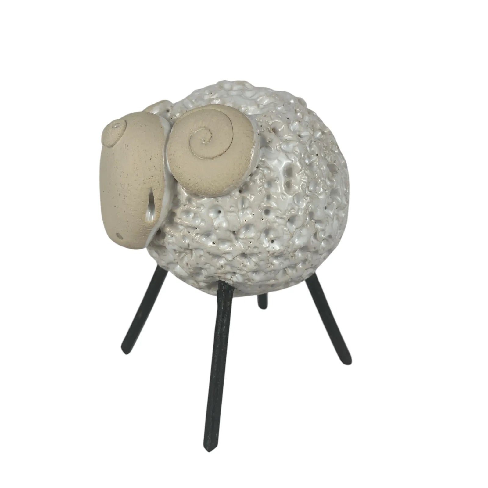 Handcrafted White Ceramic Woolly Ram with Soft Wool Texture and Iron Legs