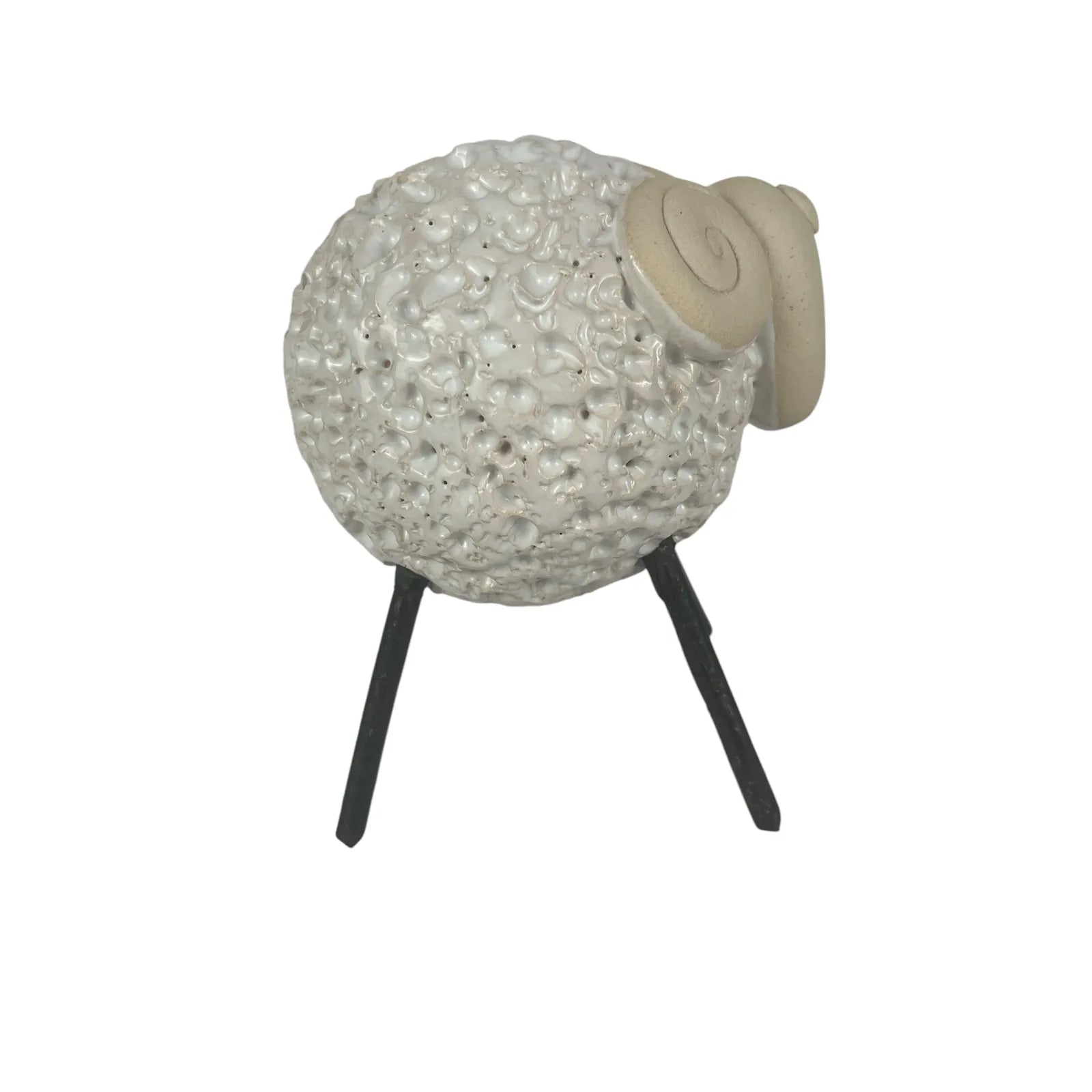 Handcrafted White Ceramic Woolly Ram with Soft Wool Texture and Iron Legs