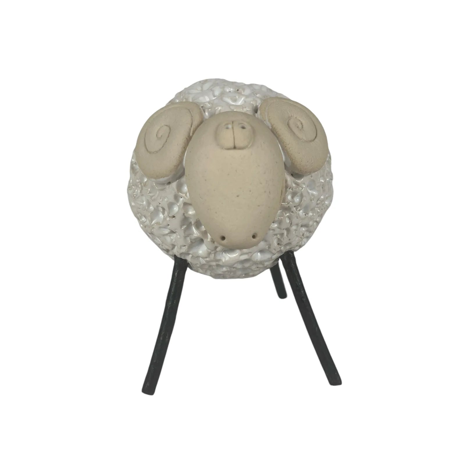 Handcrafted White Ceramic Woolly Ram with Soft Wool Texture and Iron Legs