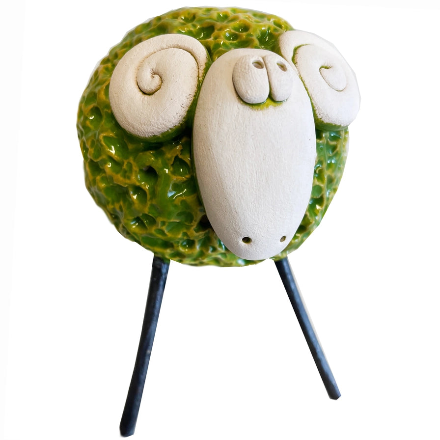 Handcrafted Green Ceramic Woolly Ram with Textured Wool and Iron Legs