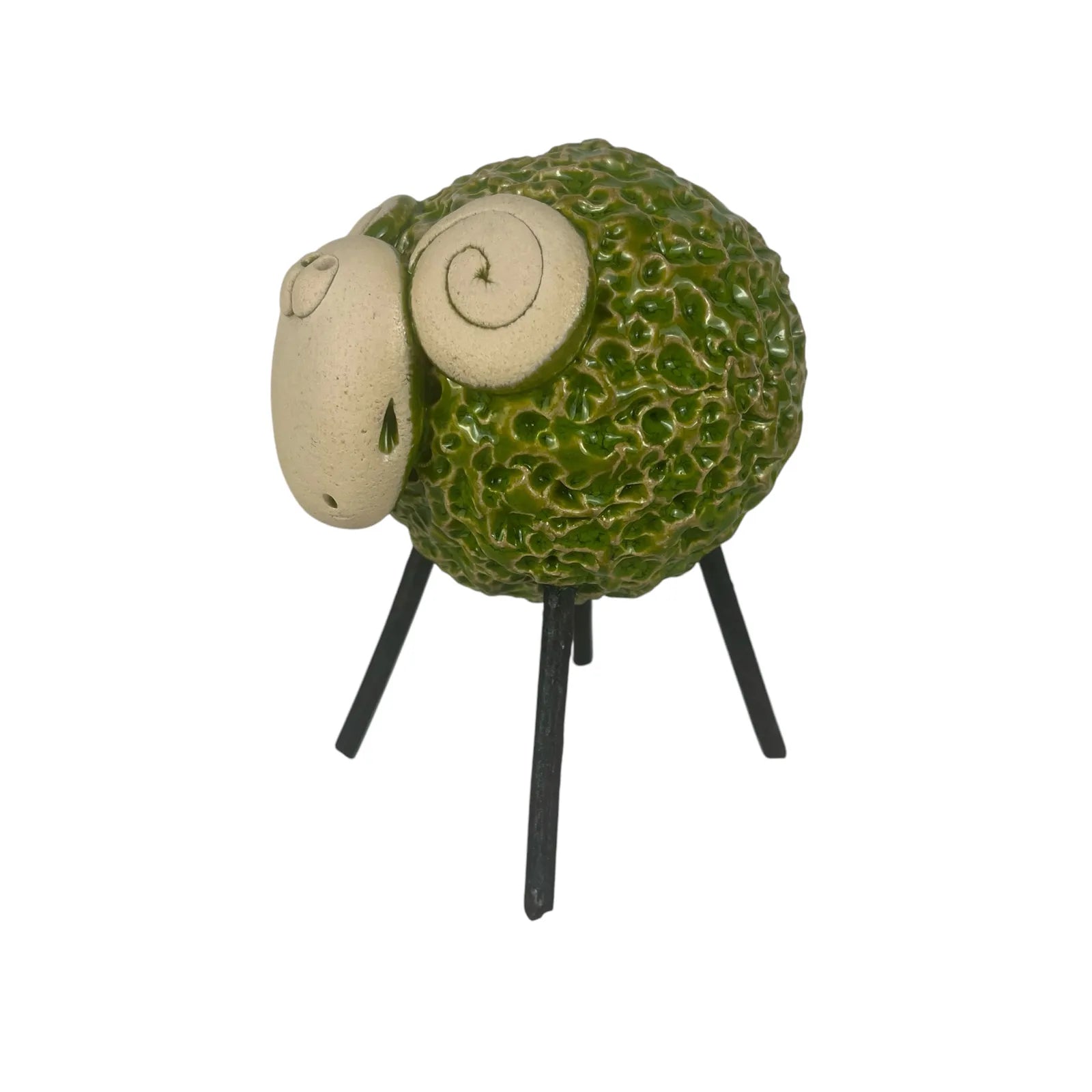 Handcrafted Green Ceramic Woolly Ram with Textured Wool and Iron Legs