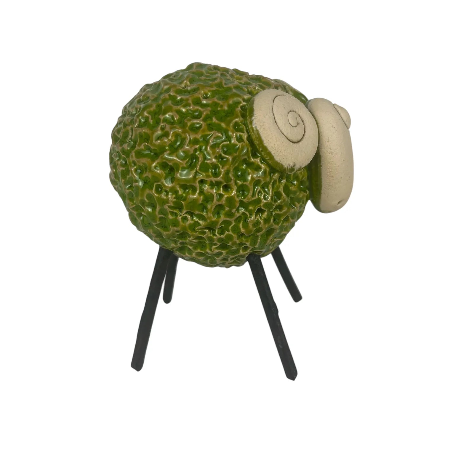 Handcrafted Green Ceramic Woolly Ram with Textured Wool and Iron Legs