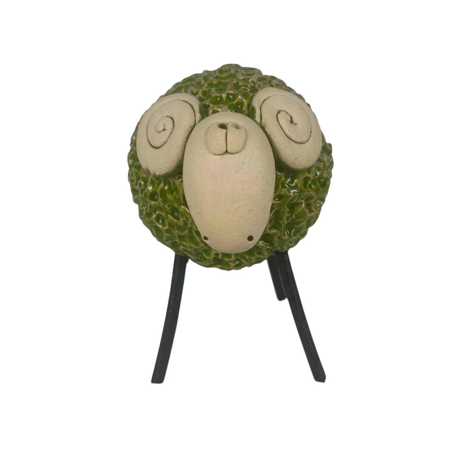 Handcrafted Green Ceramic Woolly Ram with Textured Wool and Iron Legs