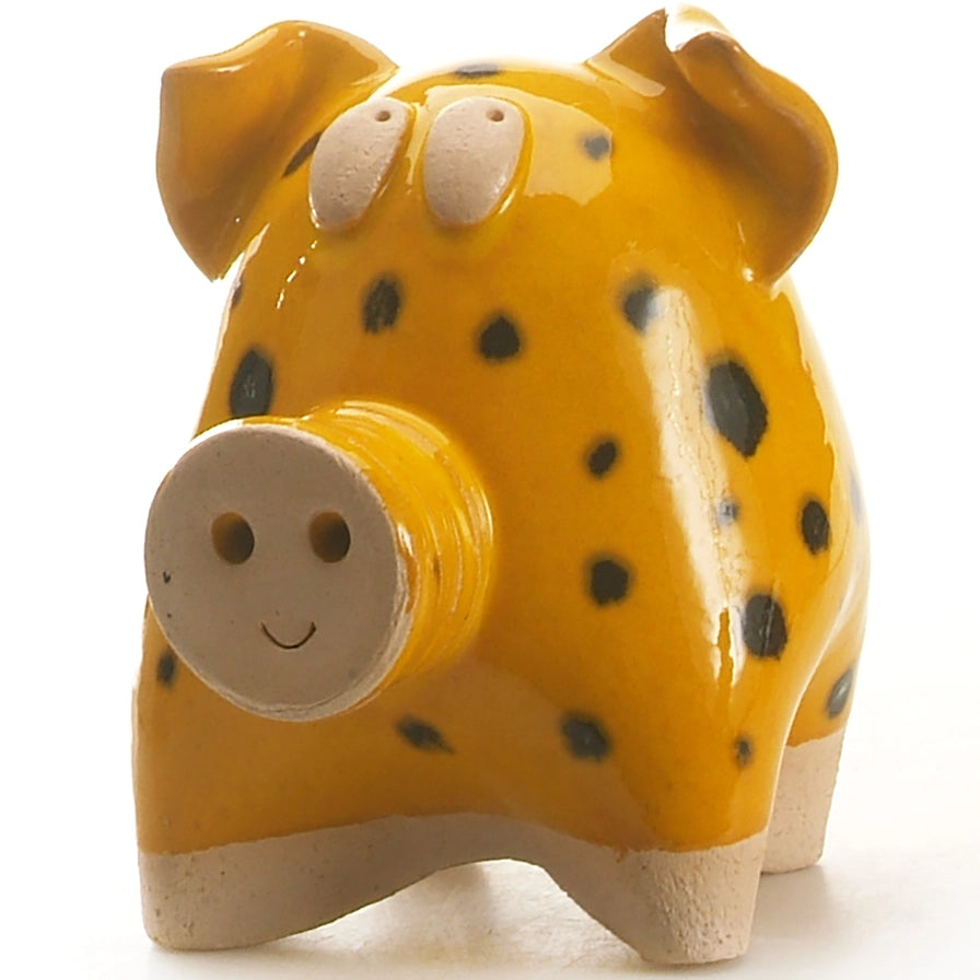 Handcrafted Ceramic Chubby Pig Sculpture in Yellow with Black Spots