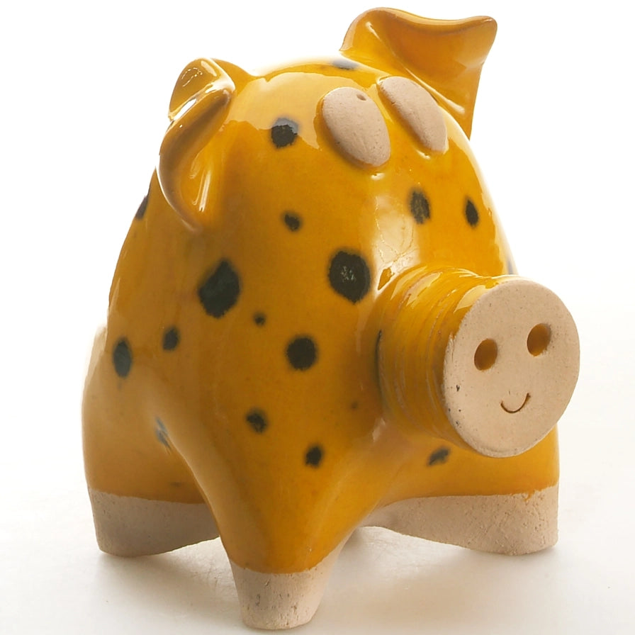 Handcrafted Ceramic Chubby Pig Sculpture in Yellow with Black Spots