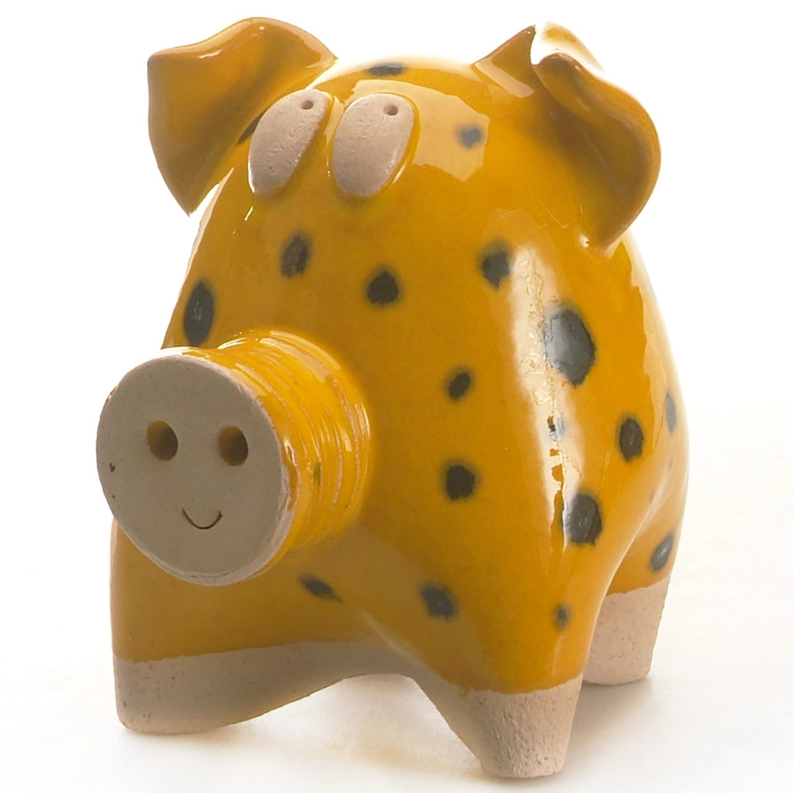 Handcrafted Ceramic Chubby Pig Sculpture in Yellow with Black Spots