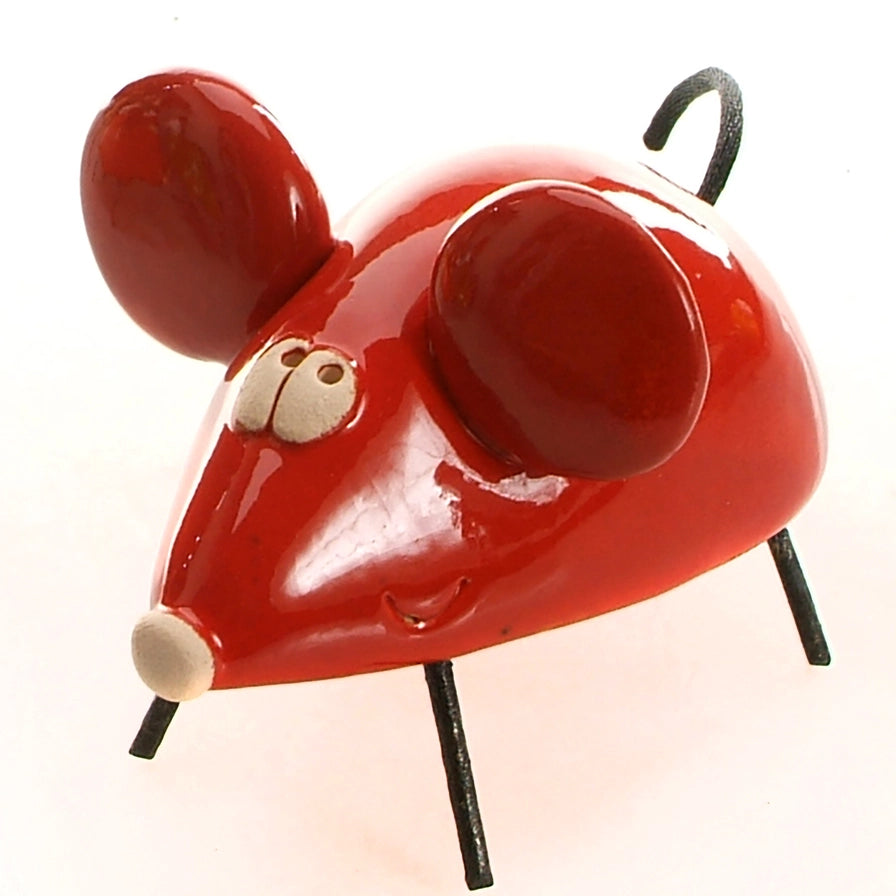 Glossy Red Handmade Ceramic Mouse Figure With Playful Style