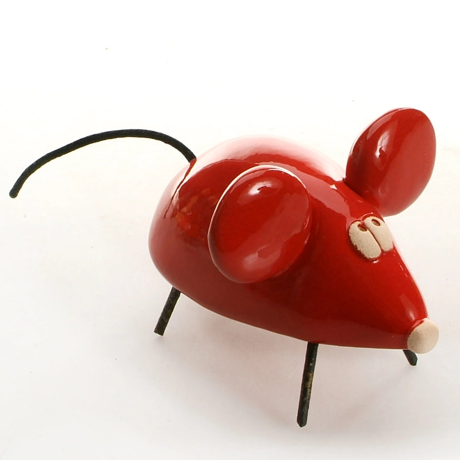 Glossy Red Handmade Ceramic Mouse Figure With Playful Style