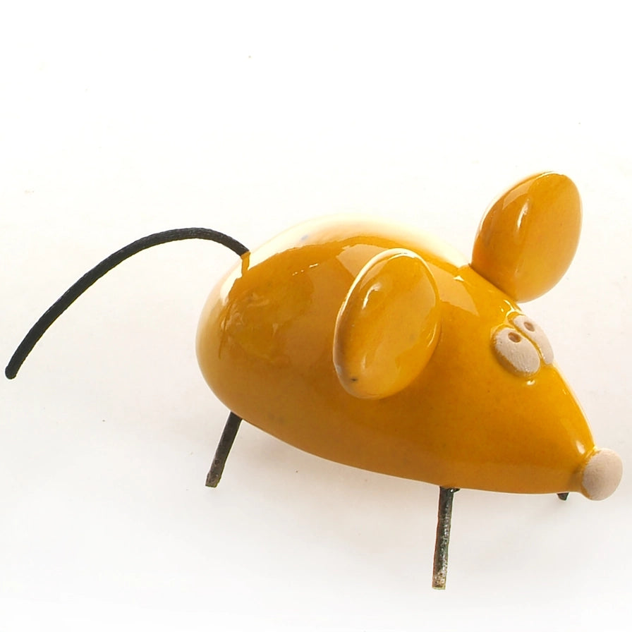 Bright Yellow Handmade Ceramic Mouse Ornament With Glossy Finish