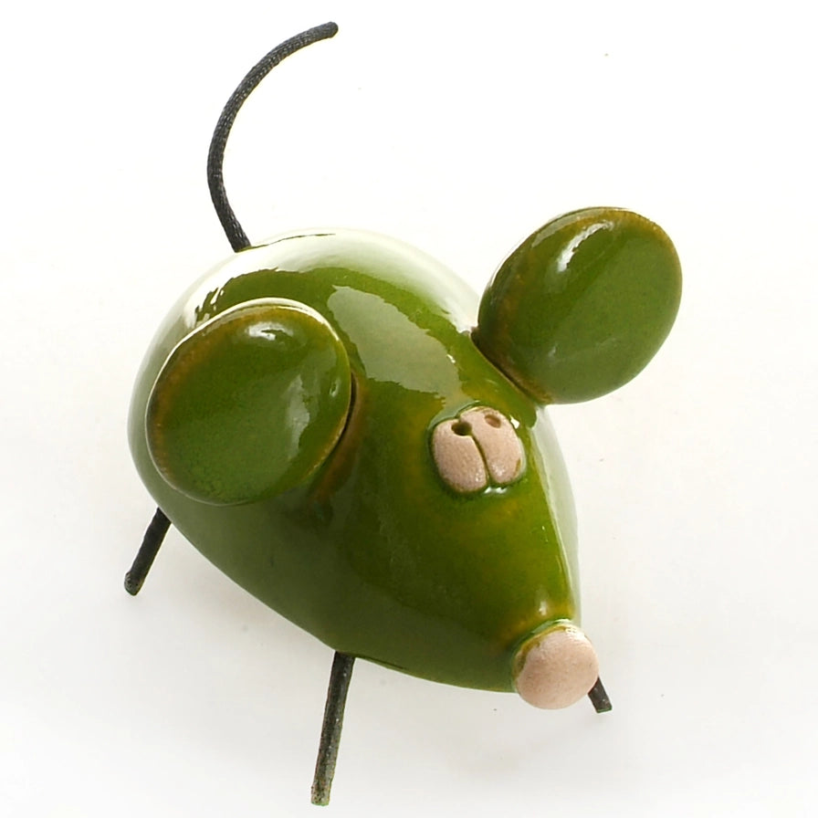 Deep Green Ceramic Mouse Figurine With Handmade Glossy Glaze