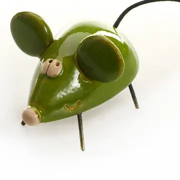 Deep Green Ceramic Mouse Figurine With Handmade Glossy Glaze
