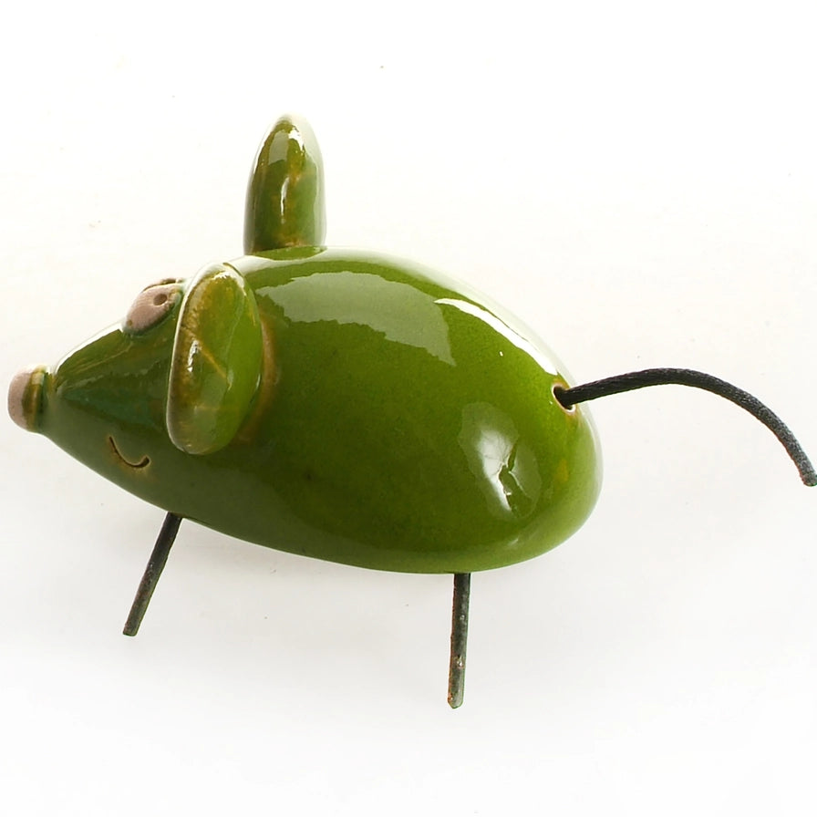 Deep Green Ceramic Mouse Figurine With Handmade Glossy Glaze