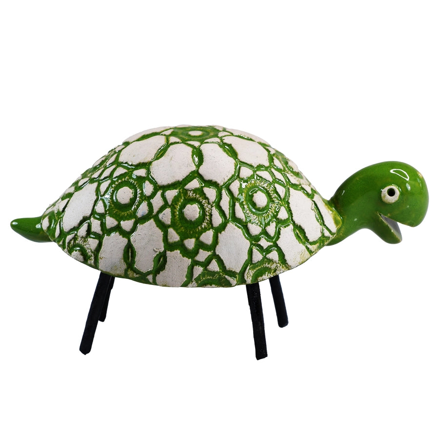 Handcrafted Ceramic Green Tortoise with Lace Pattern Shell
