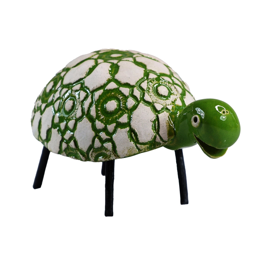 Handcrafted Ceramic Green Tortoise with Lace Pattern Shell