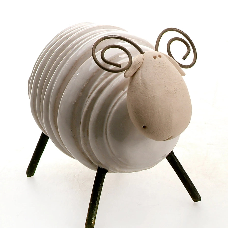 Handcrafted White Ceramic Sheared Ram with Iron Legs