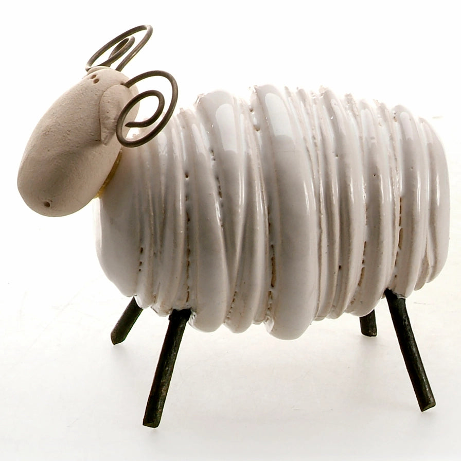 Handcrafted White Ceramic Sheared Ram with Iron Legs