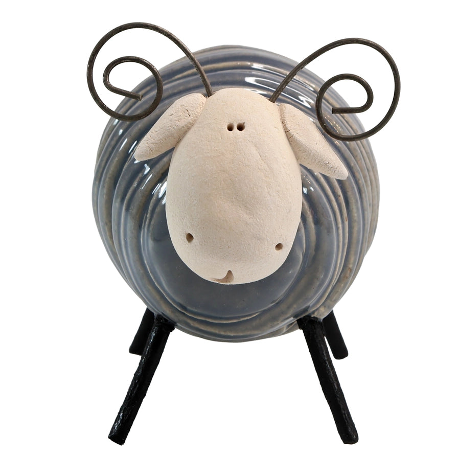 Handcrafted Grey Ceramic Sheared Ram with Iron Legs