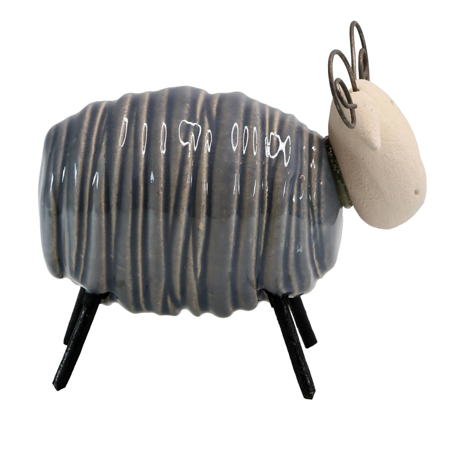 Handcrafted Grey Ceramic Sheared Ram with Iron Legs