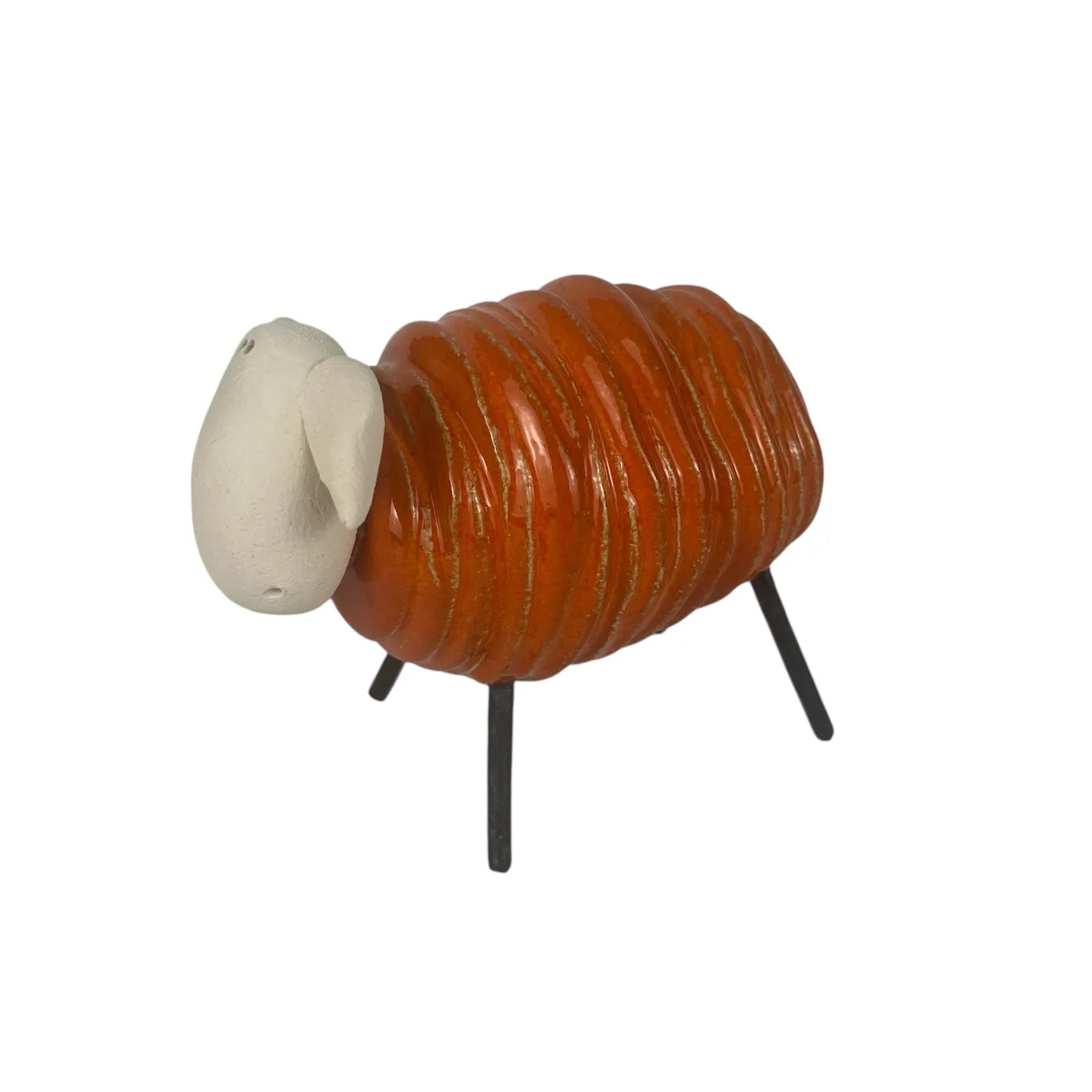 Handcrafted Orange Ceramic Sheared Sheep with Iron Legs