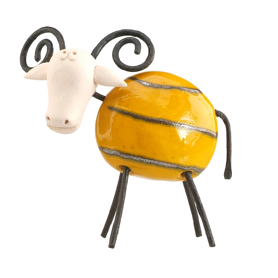 Handcrafted Yellow Ceramic Ram with Majestic Wire Horns and Iron Legs