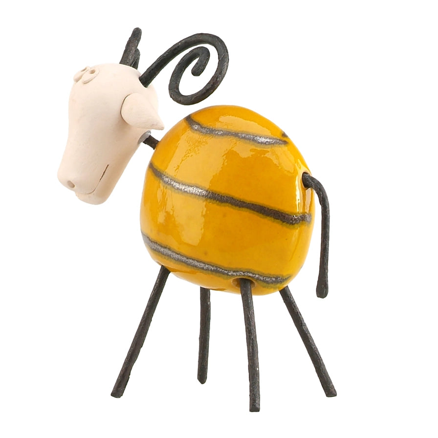 Handcrafted Yellow Ceramic Ram with Majestic Wire Horns and Iron Legs