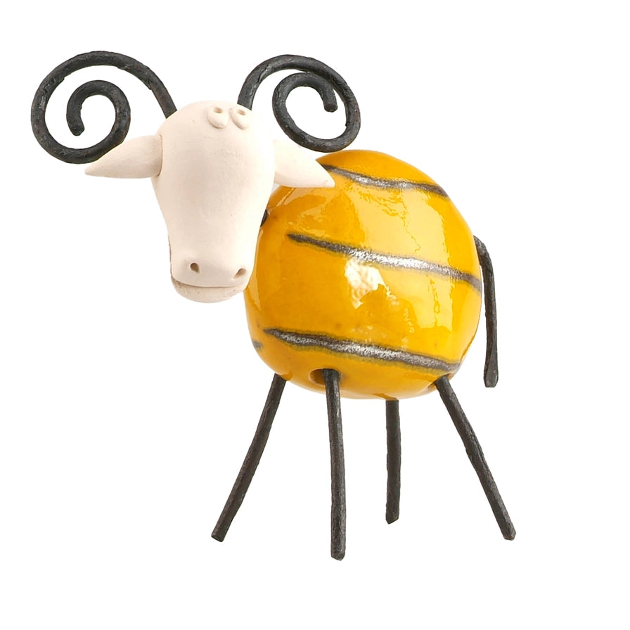 Handcrafted Yellow Ceramic Ram with Majestic Wire Horns and Iron Legs
