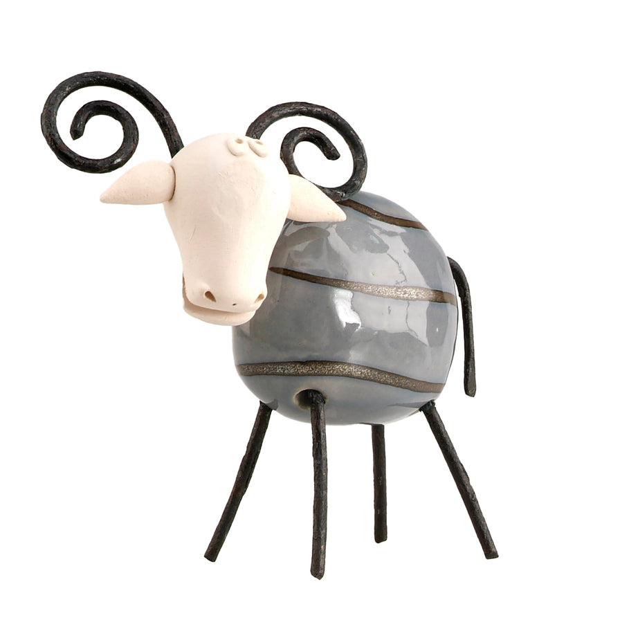 Handcrafted Grey Ceramic Ram with Majestic Wire Horns and Iron Legs