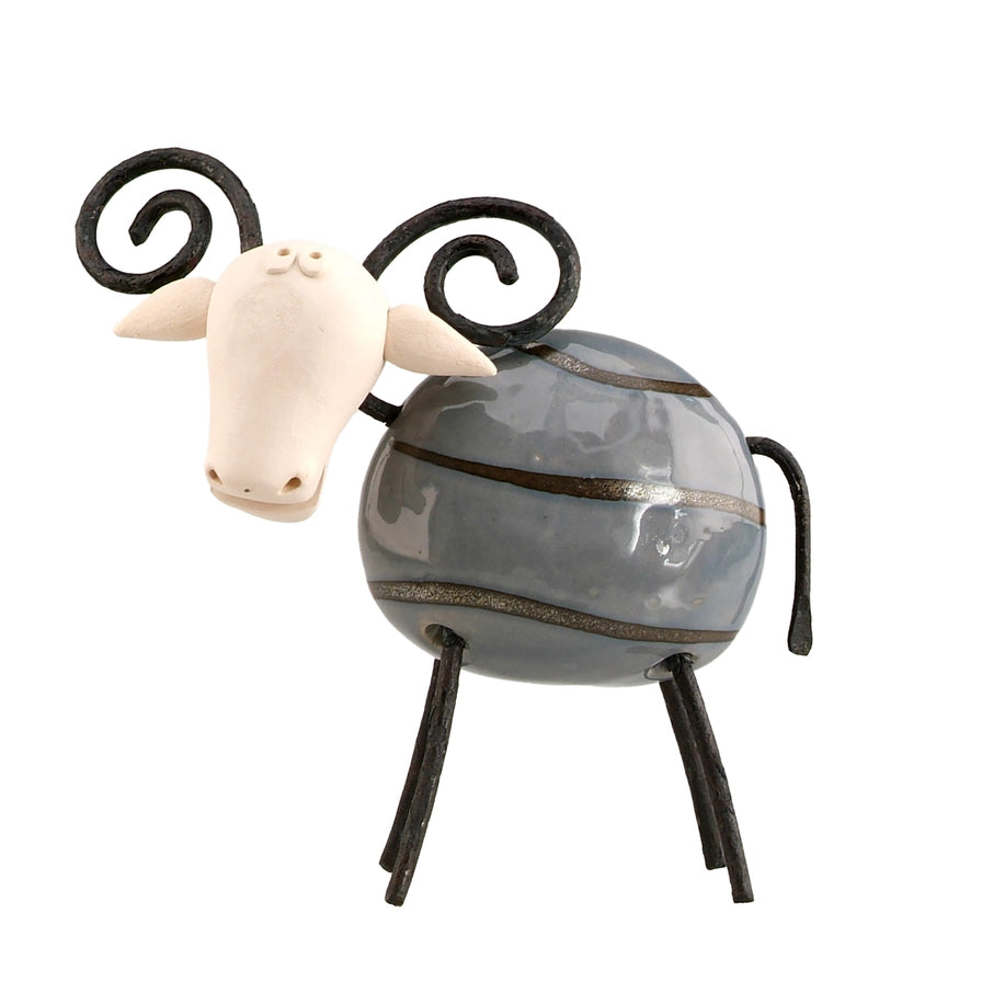 Handcrafted Grey Ceramic Ram with Majestic Wire Horns and Iron Legs