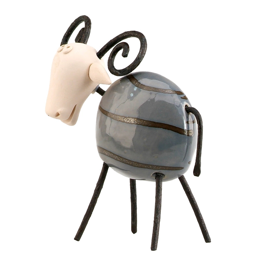 Handcrafted Grey Ceramic Ram with Majestic Wire Horns and Iron Legs