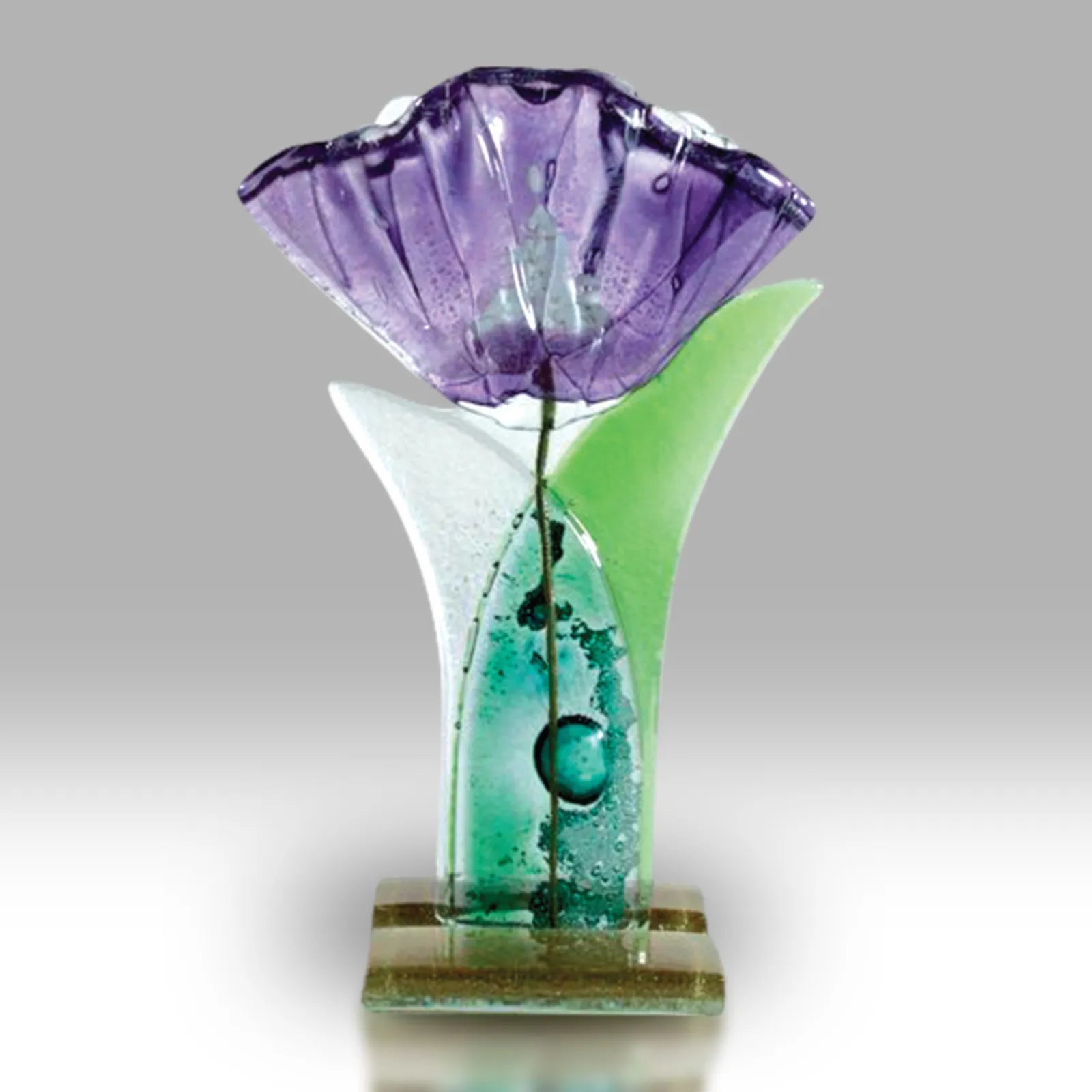 Fused Glass Flower Sculpture With Purple Petals And Green Stem On Clear Base