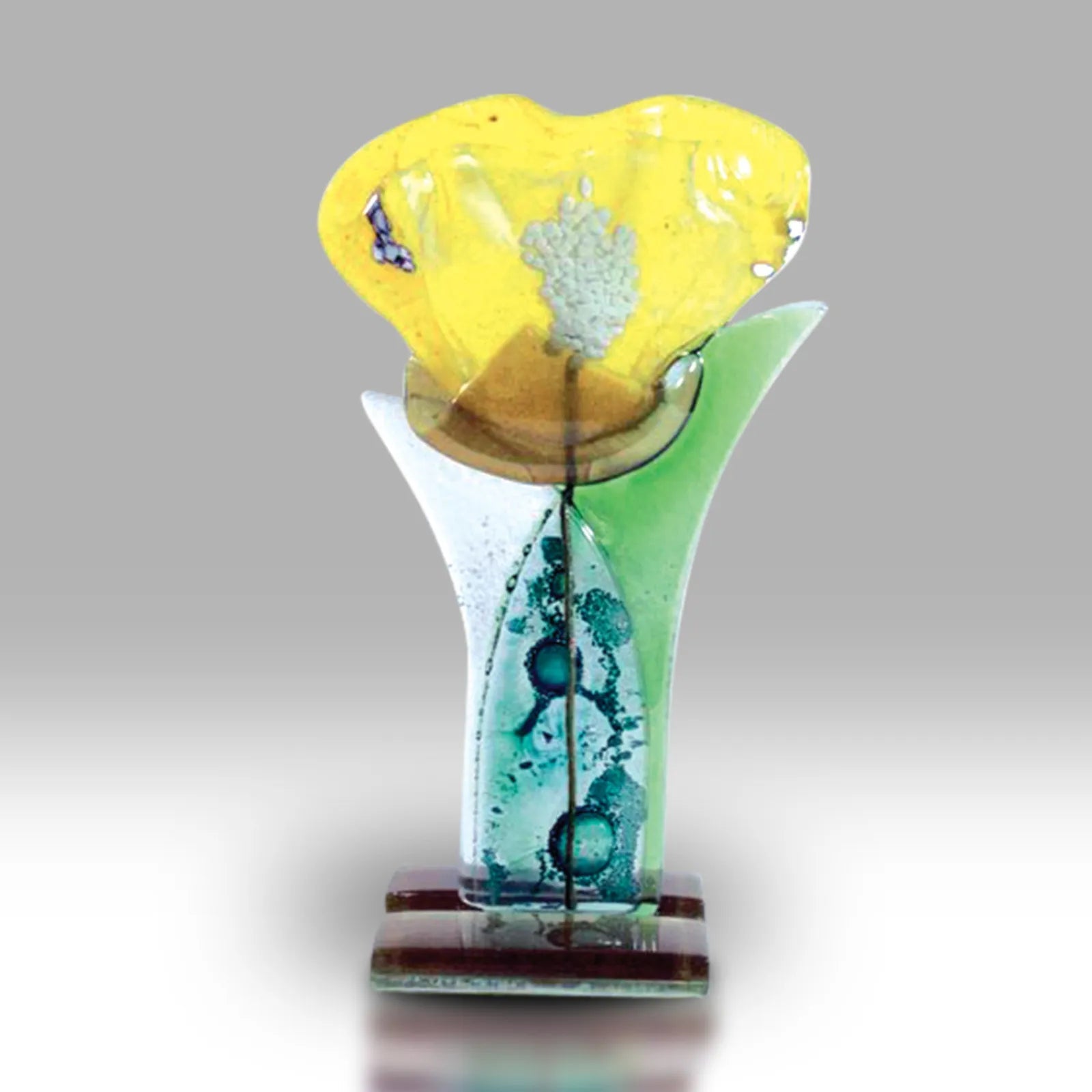 Fused Glass Yellow Flower Sculpture With Amber Base And Green Leaves