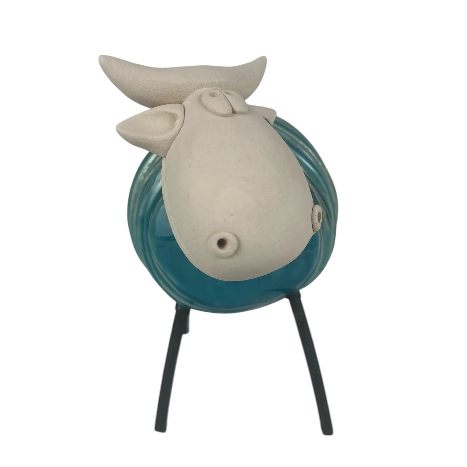 Handmade Ceramic Mint Green Cow Statue with Iron Legs and Ear Tag