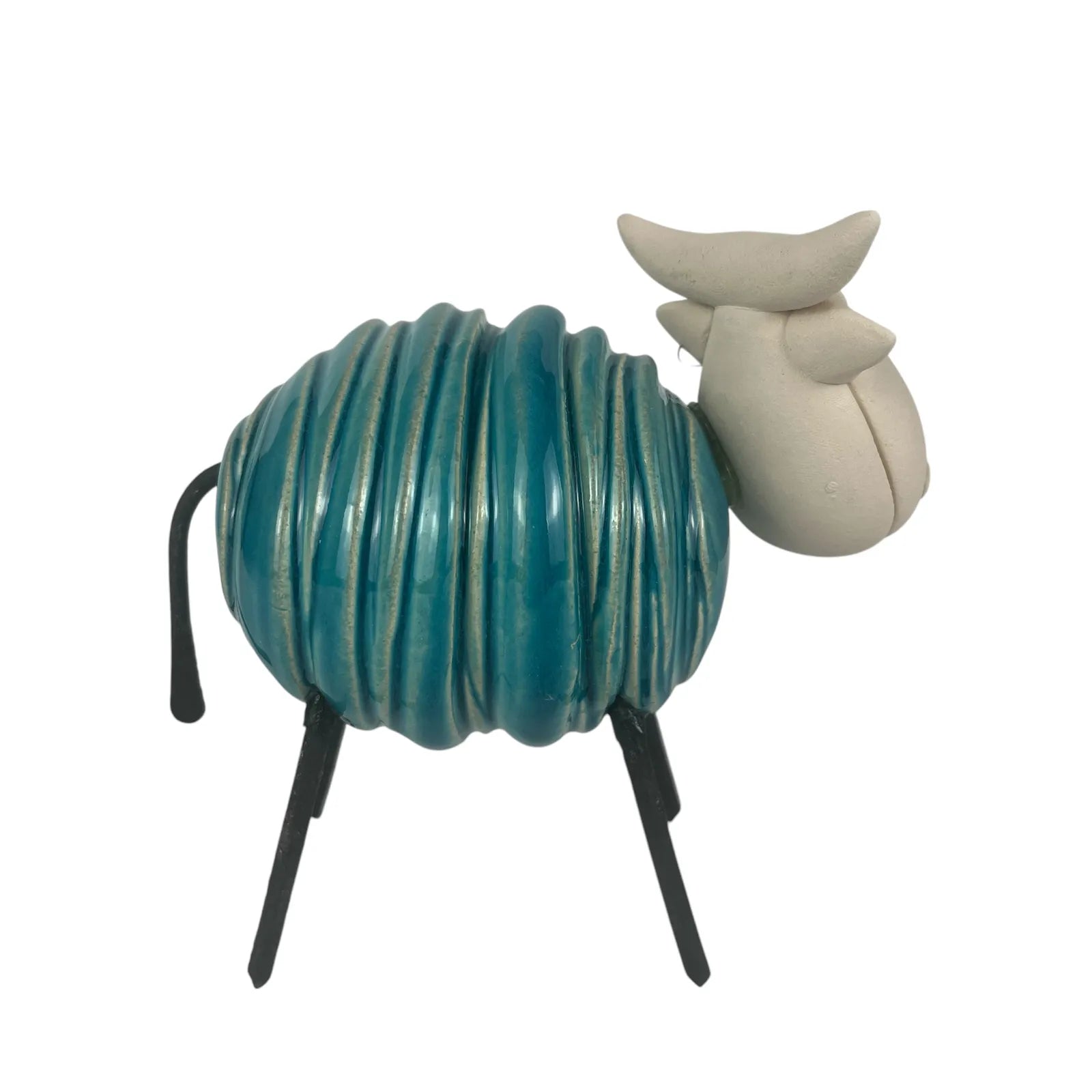 Handmade Ceramic Mint Green Cow Statue with Iron Legs and Ear Tag