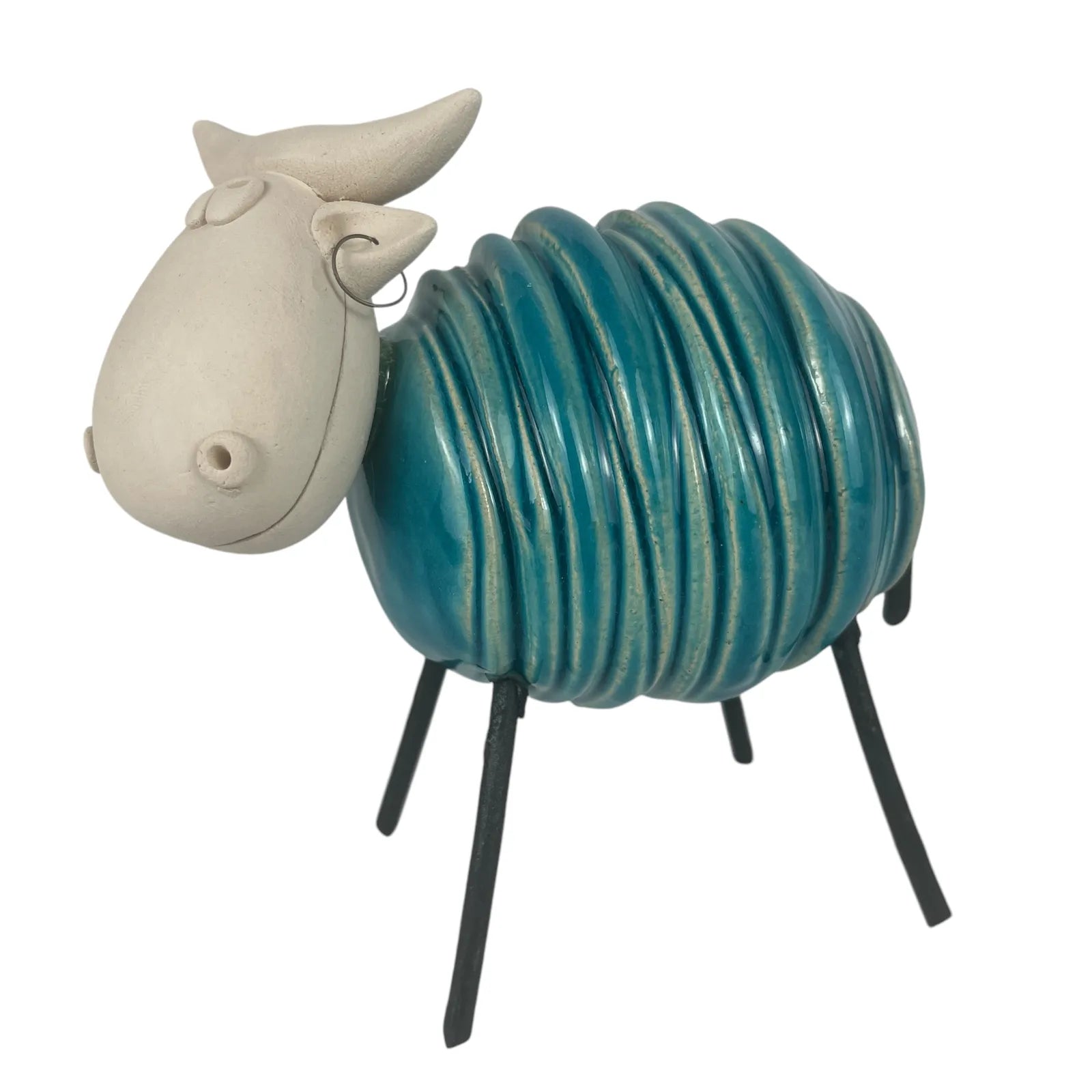 Handmade Ceramic Mint Green Cow Statue with Iron Legs and Ear Tag