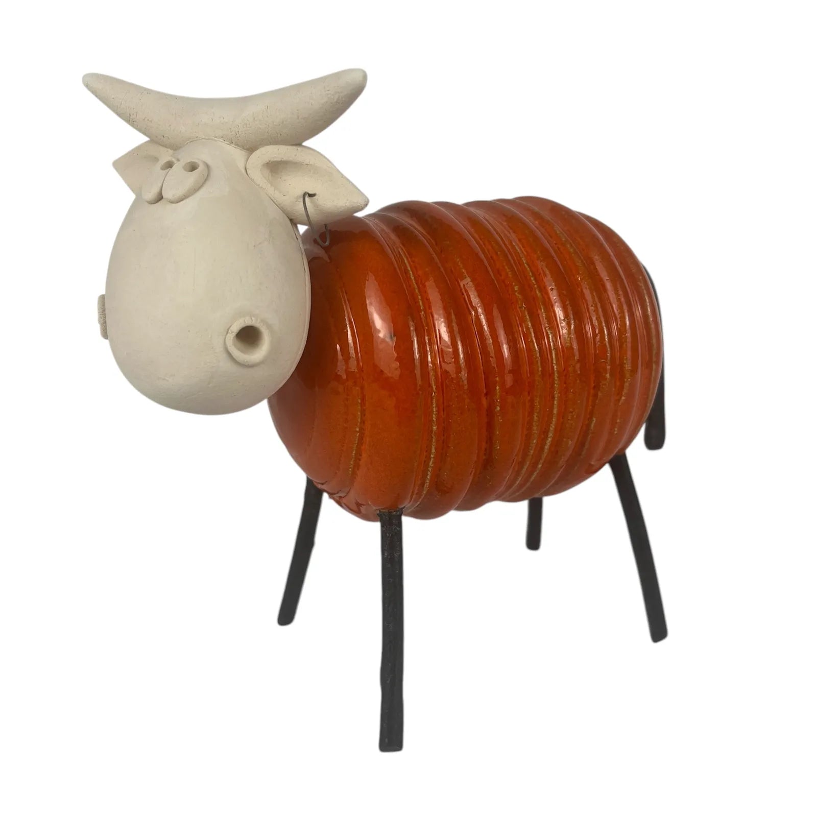 Handmade Ceramic Orange Cow Statue with Iron Legs and Ear Tag