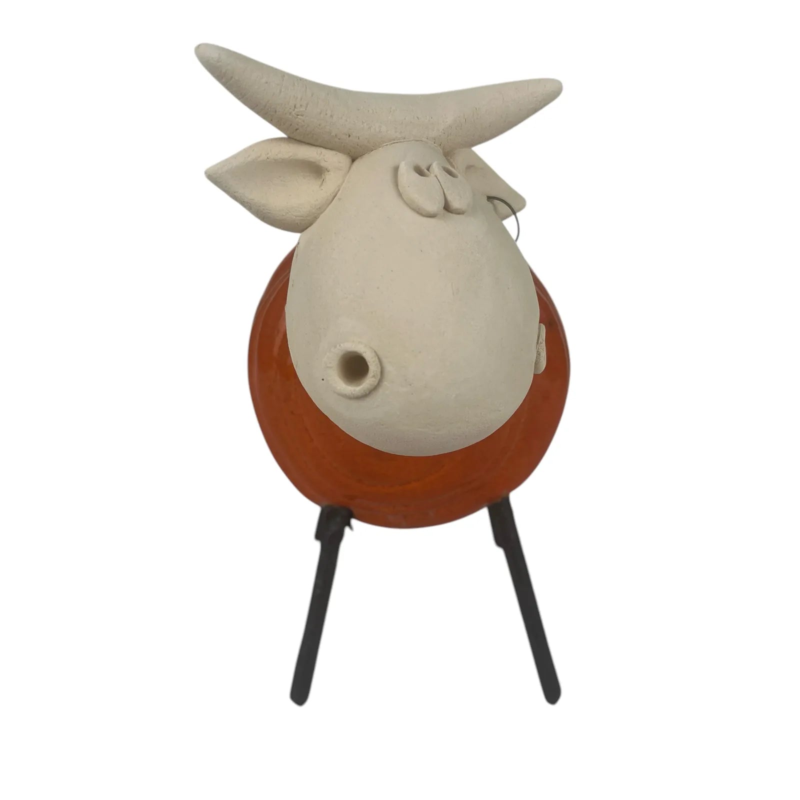 Handmade Ceramic Orange Cow Statue with Iron Legs and Ear Tag