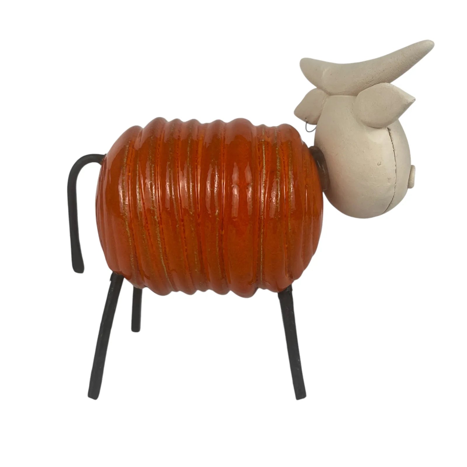 Handmade Ceramic Orange Cow Statue with Iron Legs and Ear Tag
