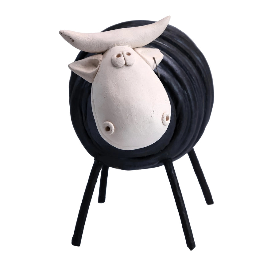 Handmade Ceramic Black Cow Statue with Iron Legs and Ear Tag