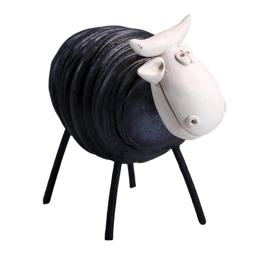 Handmade Ceramic Black Cow Statue with Iron Legs and Ear Tag