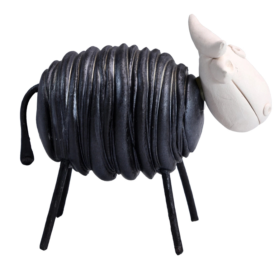 Handmade Ceramic Black Cow Statue with Iron Legs and Ear Tag