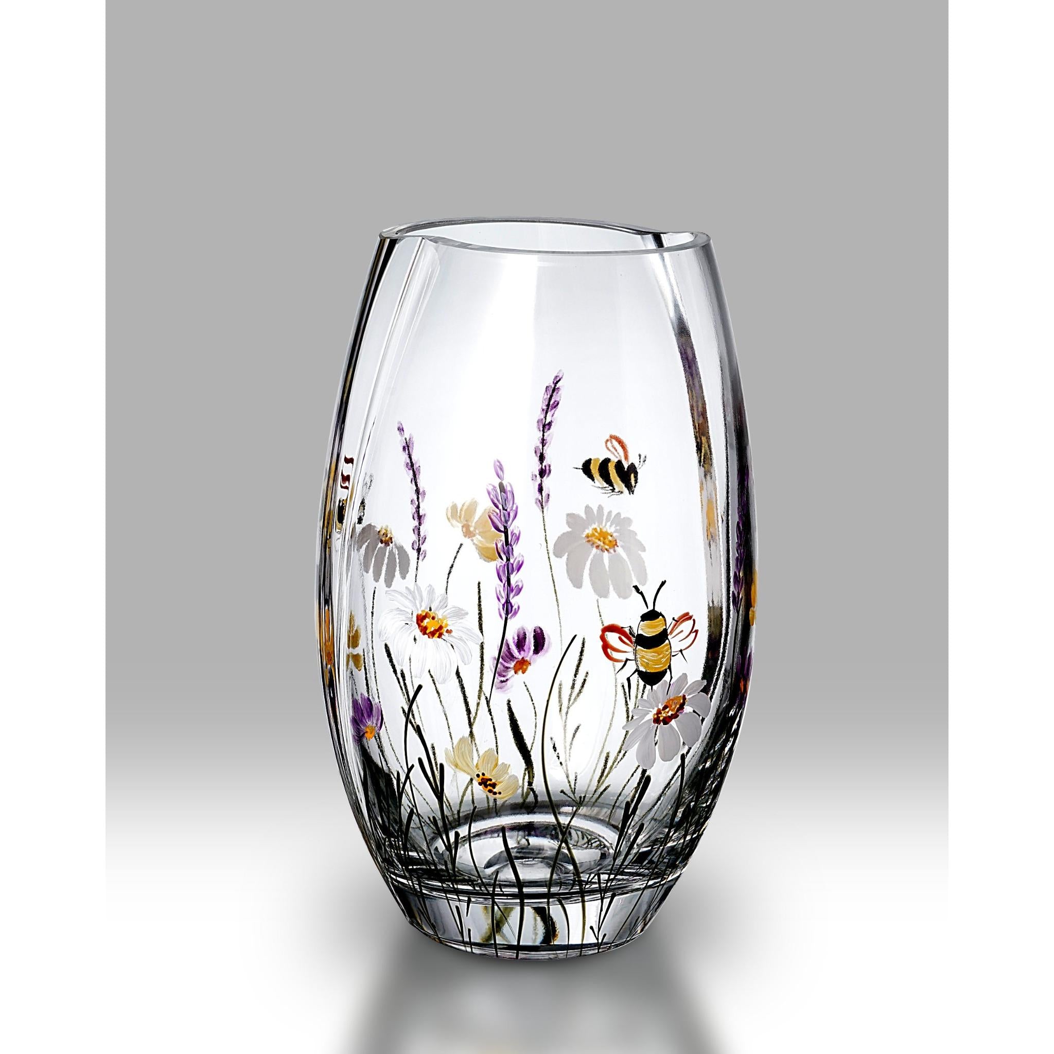 Artisan Rounded Glass Vase with Bees and Lavender Wildflower Design