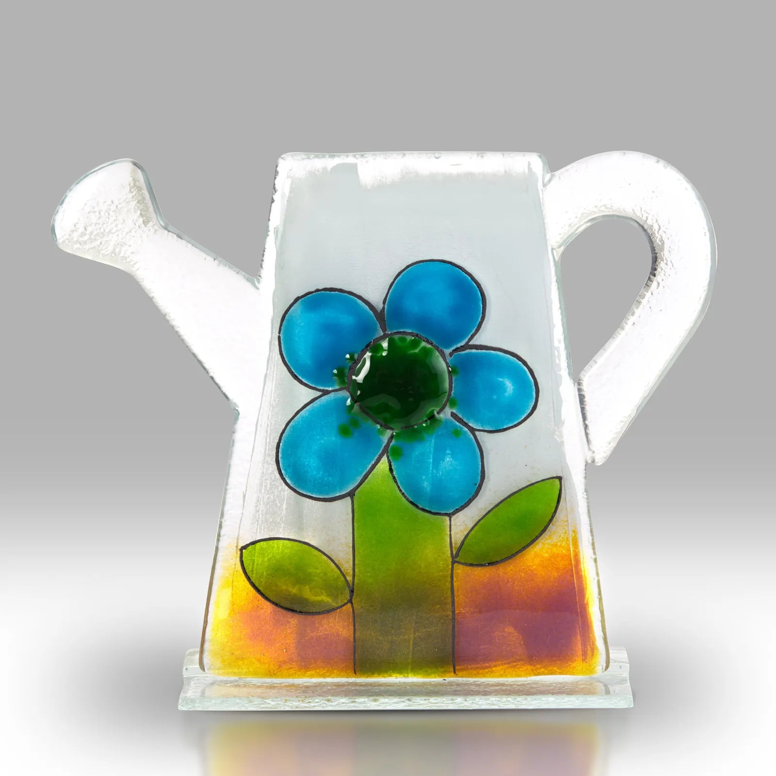 Fused Glass Watering Can With Blue Flower And Rainbow Base