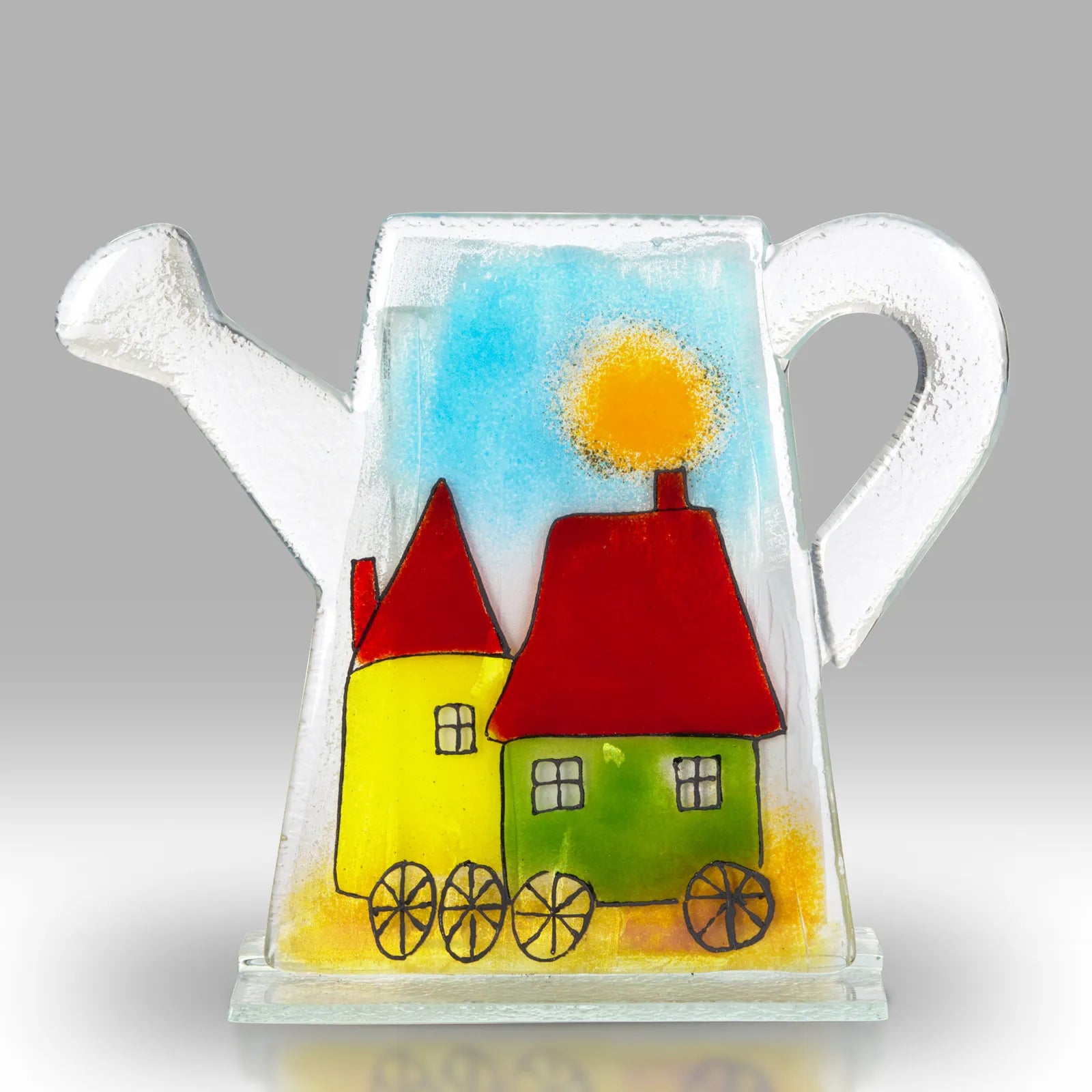 Fused Glass Watering Can With Colourful Houses And Sunshine Scene