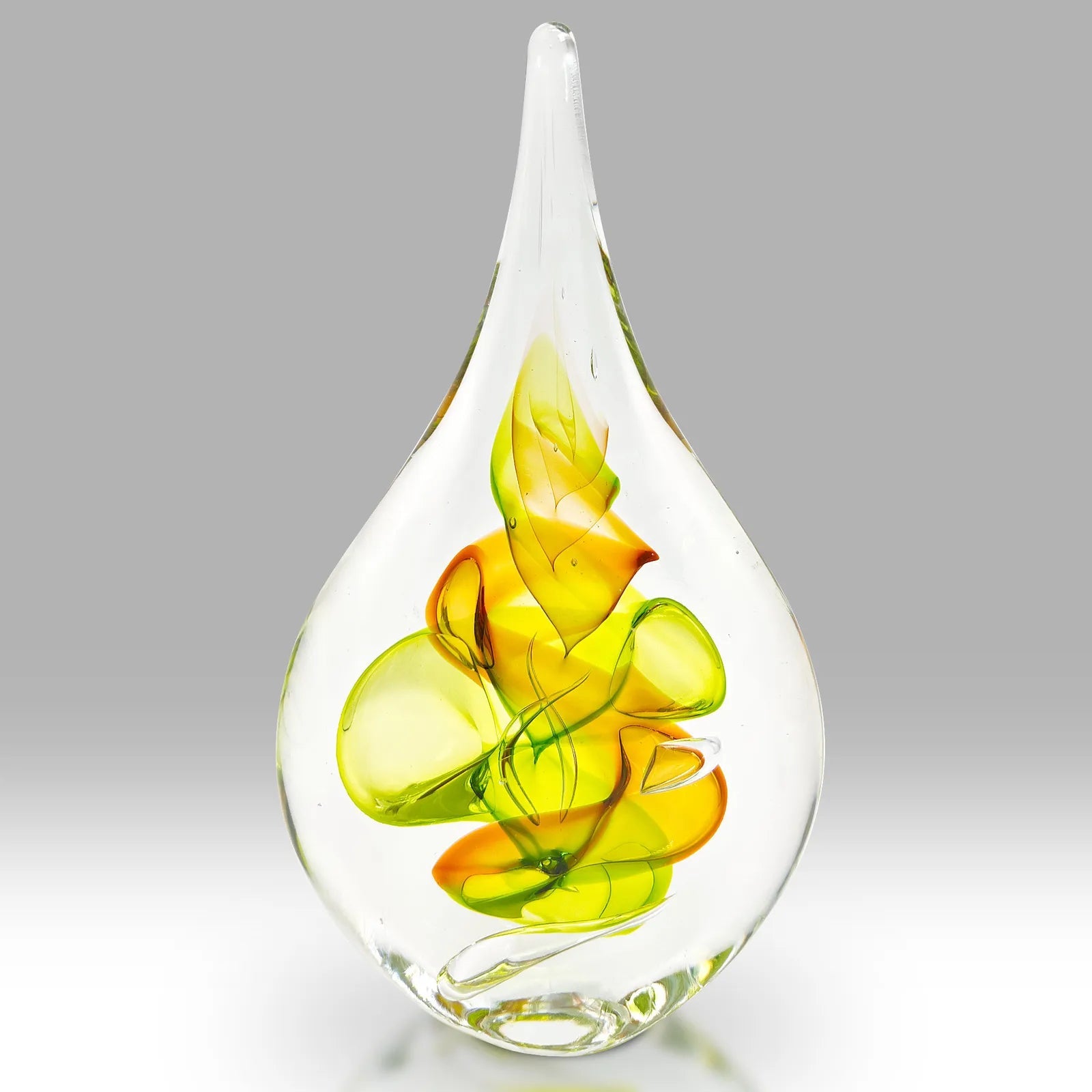 Handmade Fused Glass Paperweight with Yellow and Green Swirling Design